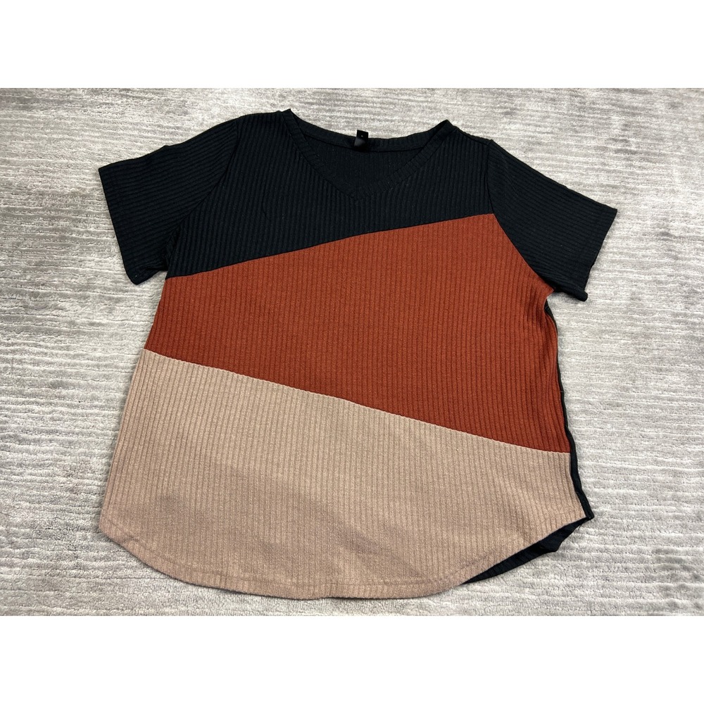 Emery Rose Top Women 2XL Multi Color Block V-Neck Ribbed Knit Short Sleeve